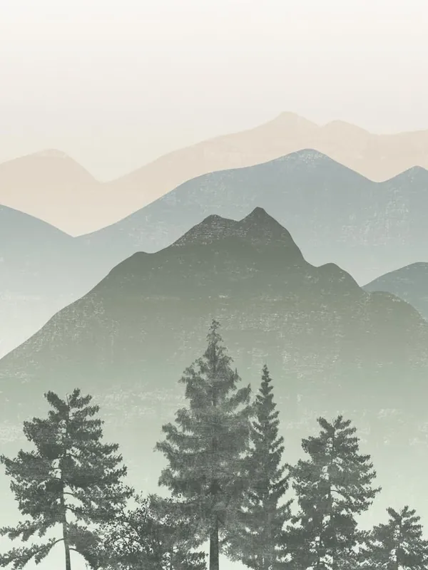 Mountain Landscape in Sage Green and Beige, Pine Trees, Mist, Minimalist Deal