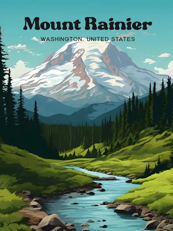 Luxury Mount Rainier Washington United States Lush Greenery Travel Art Illustration