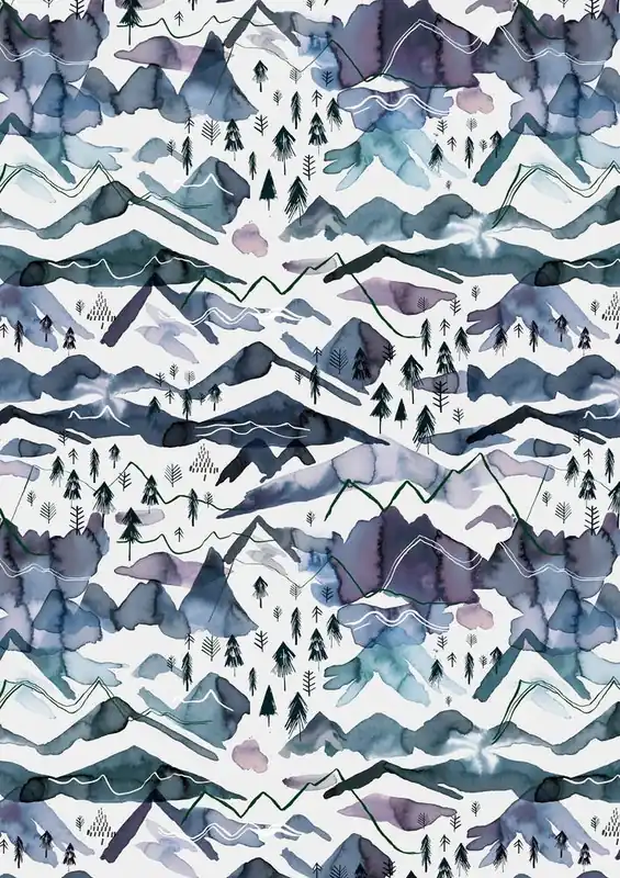 Genuine Watercolor Mountains Blue Mauve