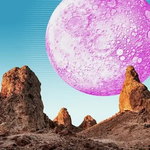 Synthwave Moon & mountain. Grand Canyon — synthwave collage, space poster Fresh Stock