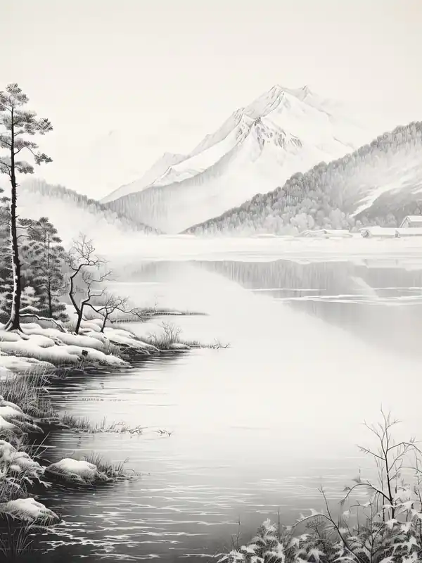 Must Have Kamikochi In Nagano In Nagano, Ukiyo E Black And White Line Art Drawing 1