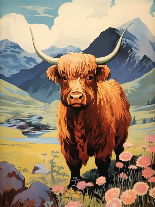Super Sale Brown Highland Bull In Picturesque Valley
